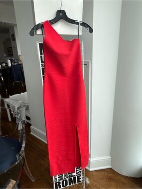Herve Leger One-Shoulder Red Bandage Maxi dress with Front Slit